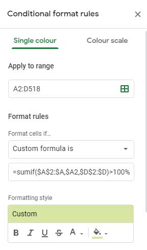Group formatting Sumif rule