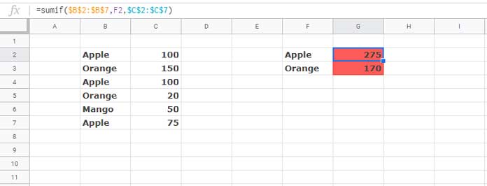 Highlight Cells Containing Sumif Function in Google Sheets