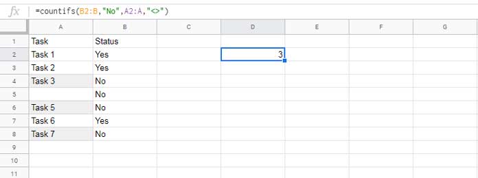 Not Blank As A Condition In Countifs In Google Sheets