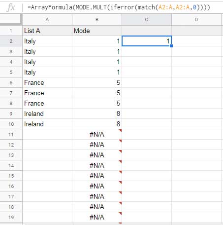 Using the MODE.MULT Function to Find the Most Occurring Text Values