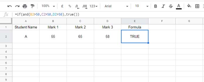 TRUE function with IF and AND in Sheets