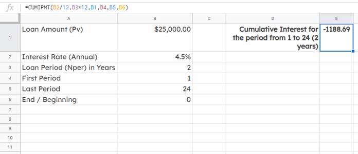 Example of CUMIPMT Function in Google Sheets
