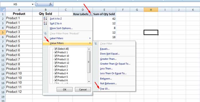 Excel - Filter Values - Top 10
