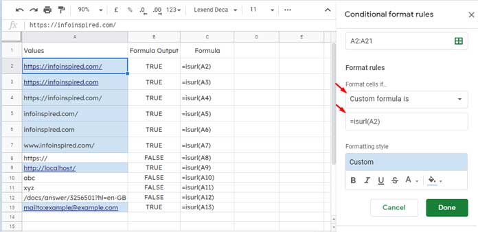 ISURL Function to Highlight URLs in Google Sheets