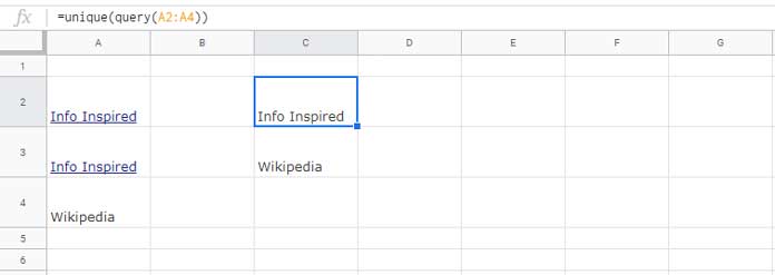 UNIQUE Duplicate Hyperlinks in One Column in Google Sheets