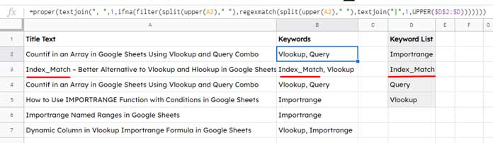 Filter and Extract Multiple Words Keywords in Google Sheets