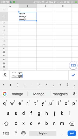 New Lines within a Cell in Google Sheets Android App