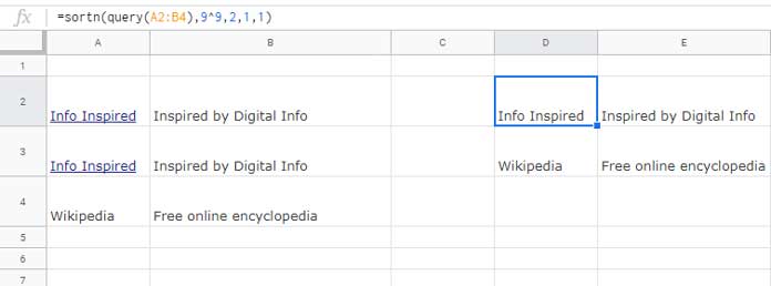 UNIQUE Duplicate Hyperlinks in 2 Columns in Google Sheets