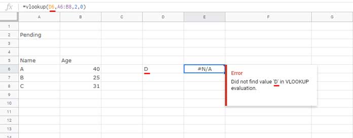 Vlookup #N/A Error in Google Sheets