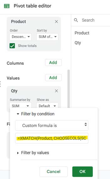 Entering a custom formula in the Pivot Table editor to filter the top 10 items