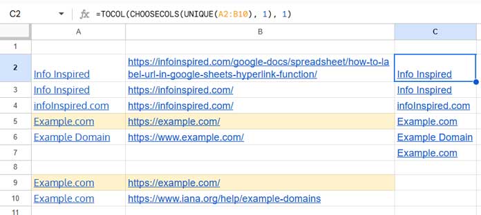 Removing UNIQUE duplicate hyperlinks in Google Sheets based on both label and URL