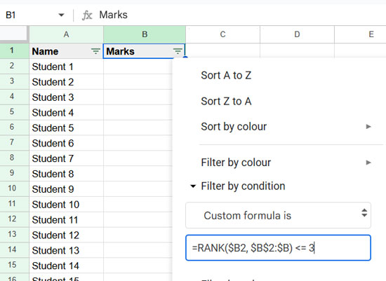 Example of filtering max N values in Google Sheets