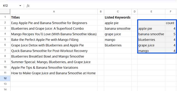 How to Extract Listed Keywords from Titles in Google Sheets with keyword frequency summary using QUERY