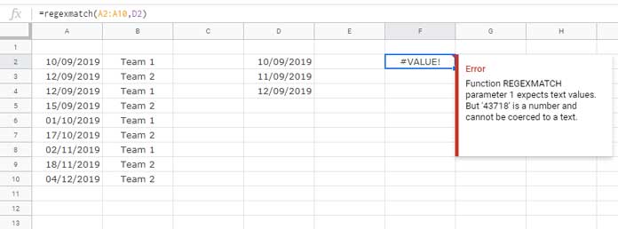 Regex Error in Date Column in Google Sheets