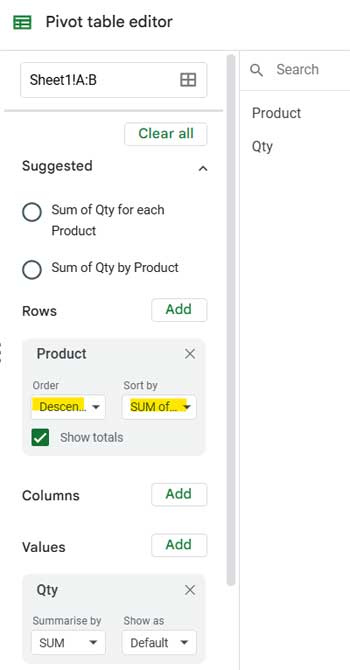 Google Sheets Pivot Table editor settings for grouping Products and summing Quantity