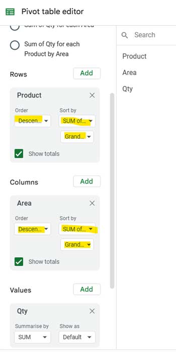 Pivot Table settings for grouping Products and Areas while summing Quantity