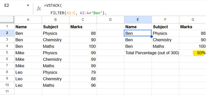 Example of dynamically using the TO_PERCENT function in Google Sheets