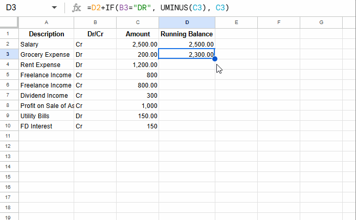 Example of using the UMINUS function and IF statement to calculate a running balance in Google Sheets