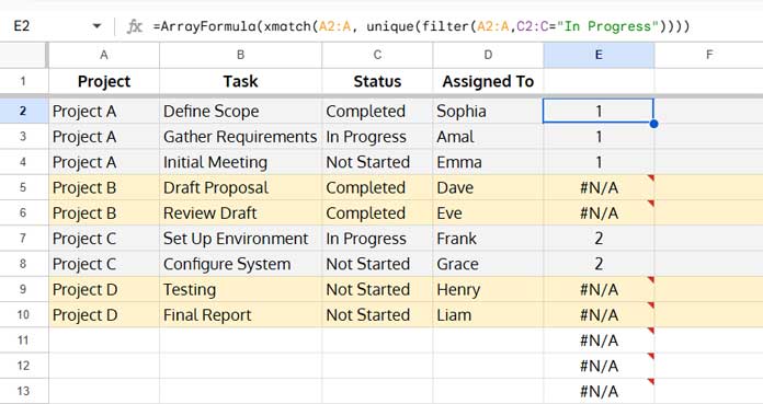 Using XMATCH to filter groups where any row meets a condition in Google Sheets, returning only relevant project rows