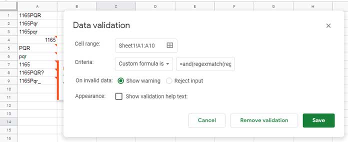 Regex to allow the entry of alphanumerics in Google Sheets