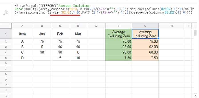Average Across Rows Including 0 in Google Sheets