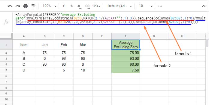 Average Across Rows Excluding 0 in Google Sheets