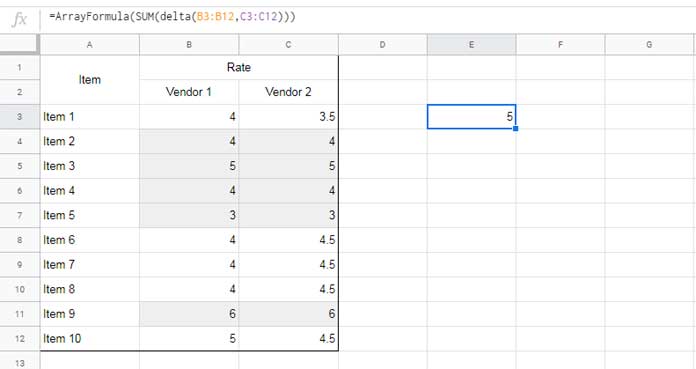 Delta Function in Google Sheets in Array