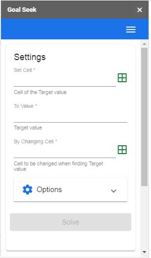 Goal Seek Settings Panel in Docs Sheets