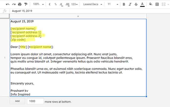 Mail Merge in Google Sheets - Draft Letter and Place Holders