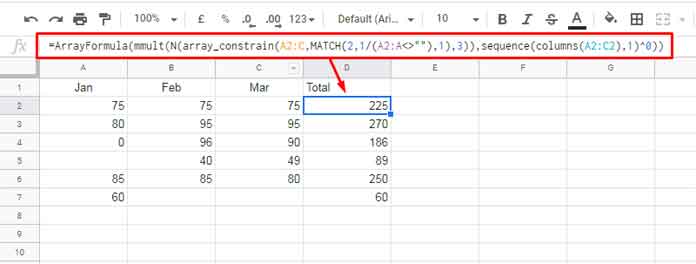 Correct Use of MMULT in Infinite Rows in Google Sheets