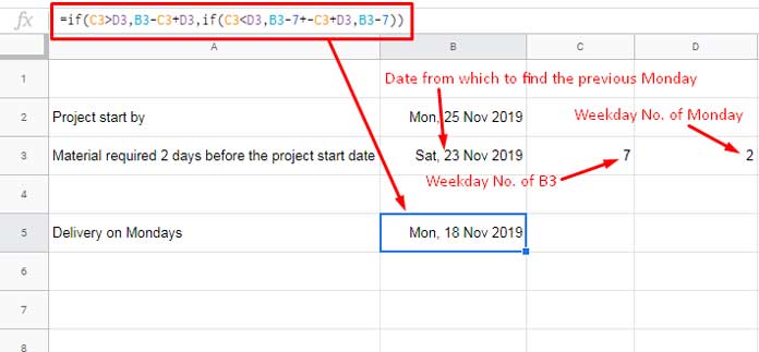Formula representation: Locating the previous day from a date in Google Sheets