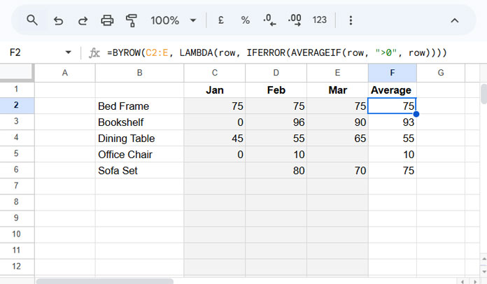 Row-wise average excluding zeros using an open-ended range