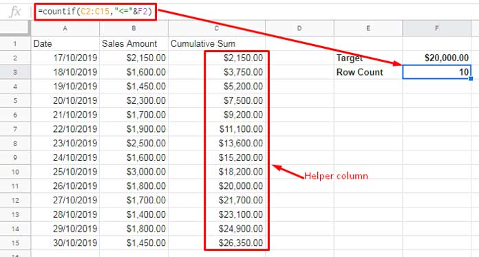 Find Target Sum Reached Row in Google Sheets