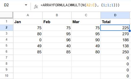 Example of Using MMULT in Infinite Ranges in Google Sheets