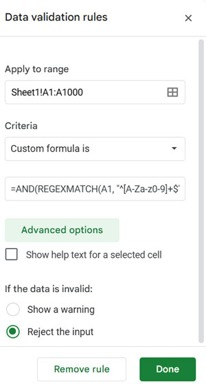 Applying a data validation rule to allow only alphanumeric entries in Google Sheets
