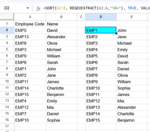 Example of Sorting Alphanumeric Values with a Formula in Google Sheets