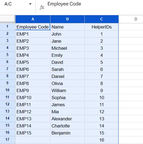 Example of Sorting Alphanumeric Values Using the Menu Command in Google Sheets