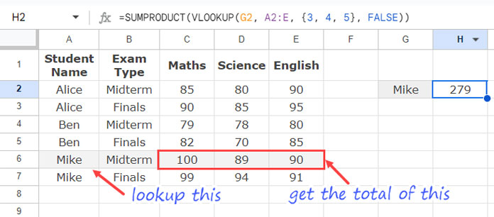 Using VLOOKUP to Look Up a Value for the First Occurrence and Sum the Corresponding Row