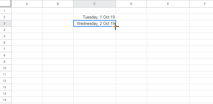 Sequential dates excluding weekends in a Google Sheets spreadsheet.