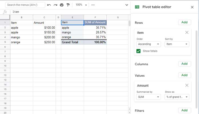 % Grand Total - Pivot Table in Sheets