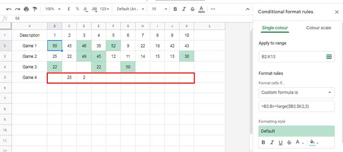 Highlight Largest 3 Values in Each Row in Google Sheets