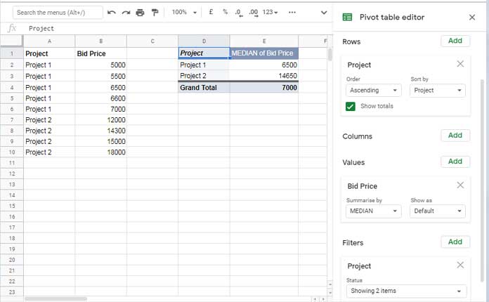 Obtenir la médiane en utilisant le tableau croisé dynamique dans Google Sheets