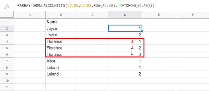 Reversing Running Count in Google Sheets