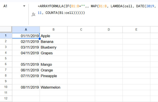 Auto-fill sequential dates in Google Sheets skipping blanks