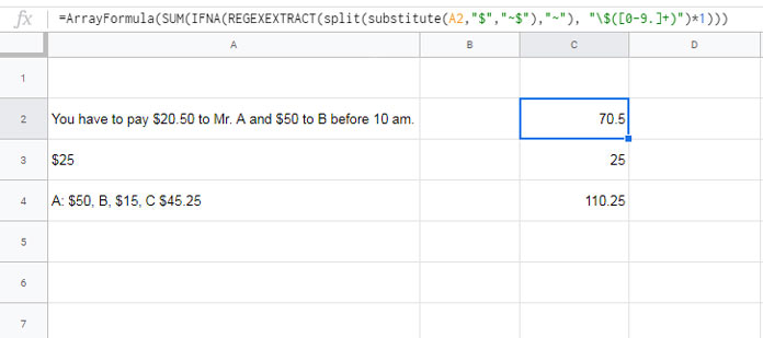Extract Numbers Prefixed by Currency Signs in Google Sheets