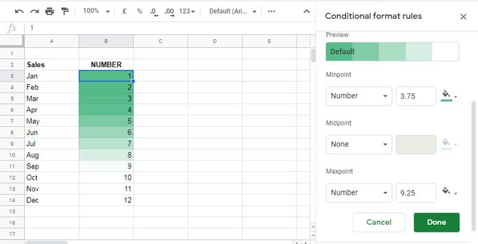Number color scale in Google Sheets