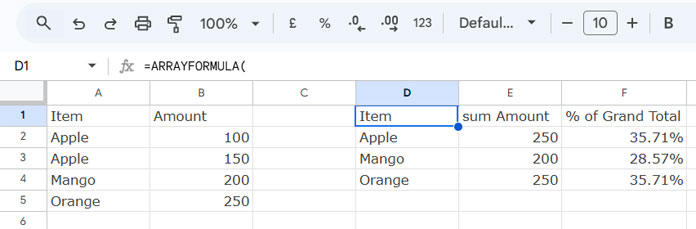 Calculating Percentage of Grand Total in QUERY Function in Google Sheets