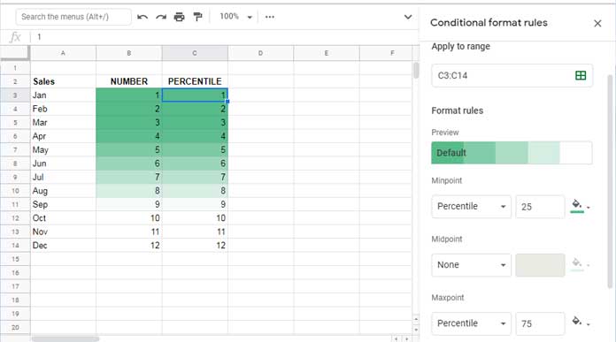 Gradient colors based on percentile in Google Sheets