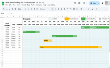 Reservation and Booking Status Calendar Template in Google Sheets showing all rooms and three-month booking grid
