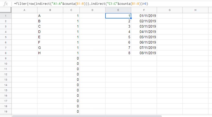 Row numbers of visible rows in Google Sheets